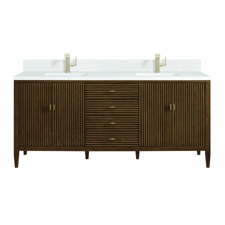 JAMES MARTIN VANITIES 72'' Vanity, Mid Century Walnut w/ Single Hole 3 CM White Zeus Quartz Top & Backsplash 485-V72-WLT-1WZ